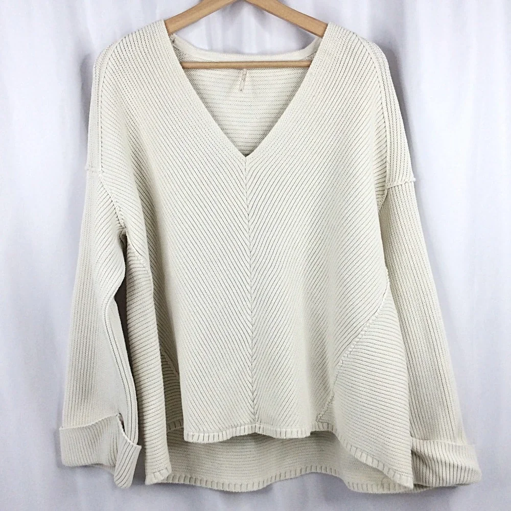 Free People La Brea V-Neck Sweater Women's Size Large Ivory V-Neck Slouchy Boxy